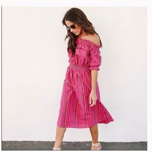 multicolored striped off the shoulder dress SZ L 25" length from Elastic waist